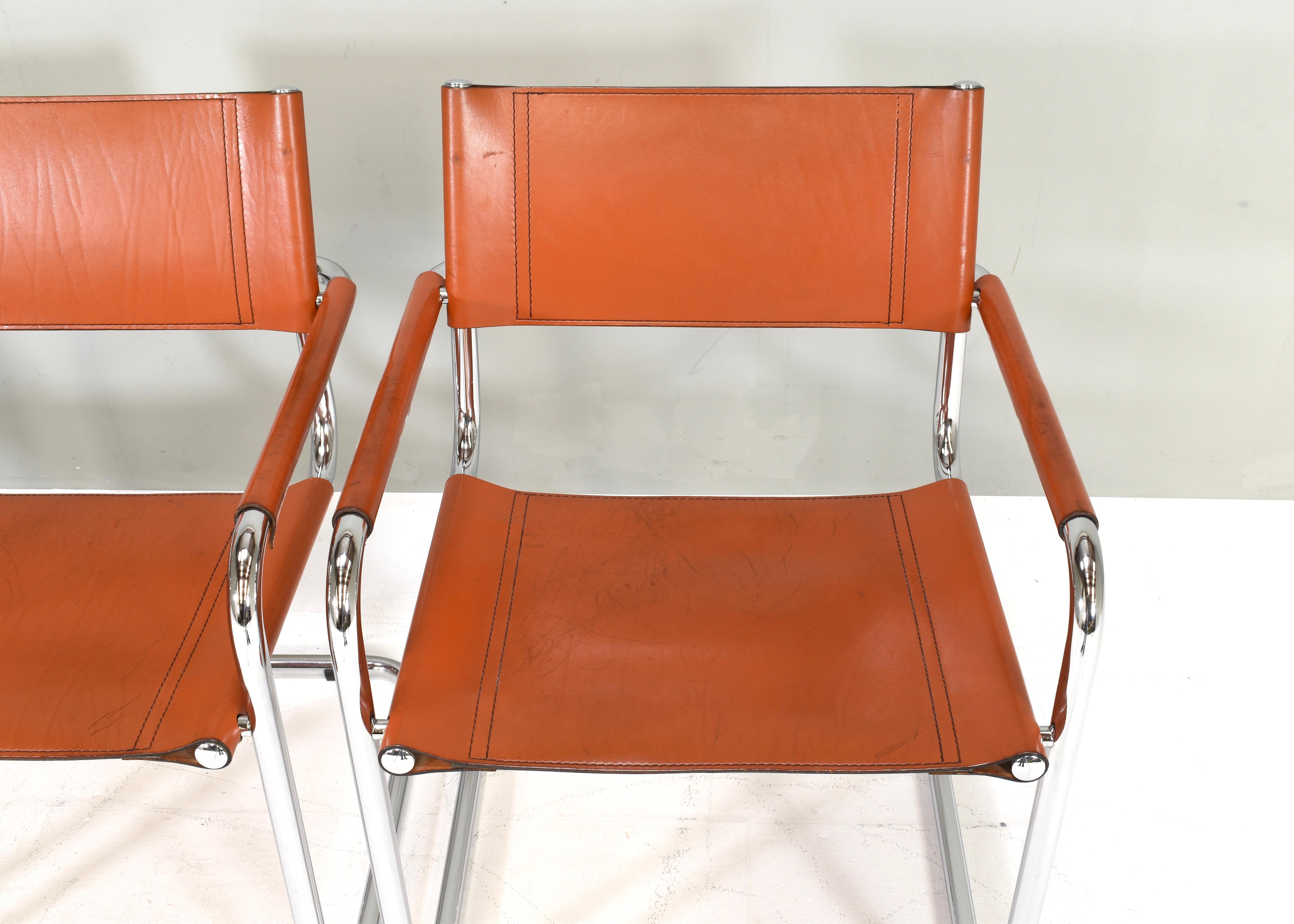 4x Mart Stam S34 Dining Armchairs in Cognac Leather by Fasem, Italy, 1970s For Sale 3