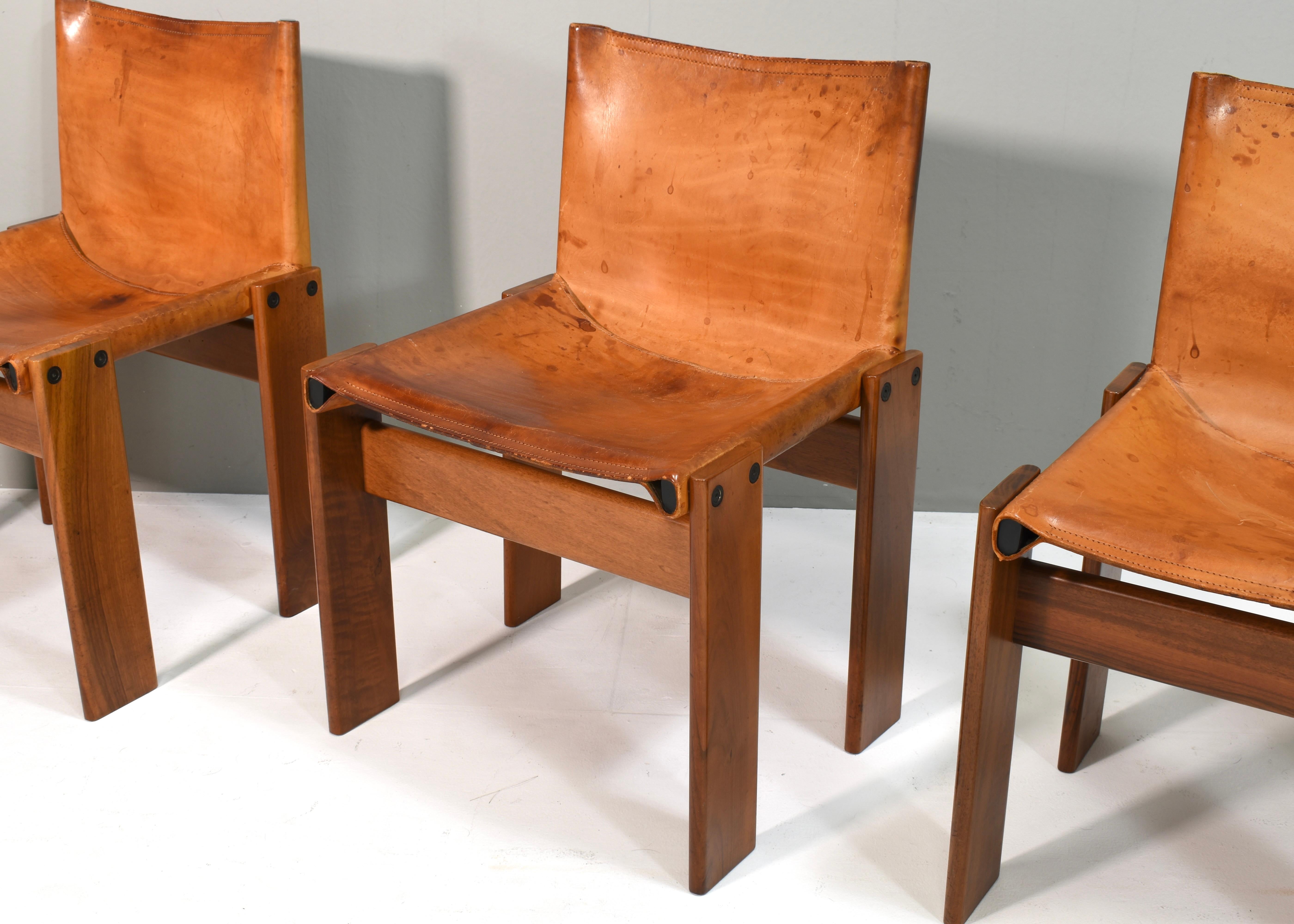 4x Monk Chairs in Cognac Tan Leather by Afra & Tobia Scarpa, Molteni, Italy 1974 For Sale 3