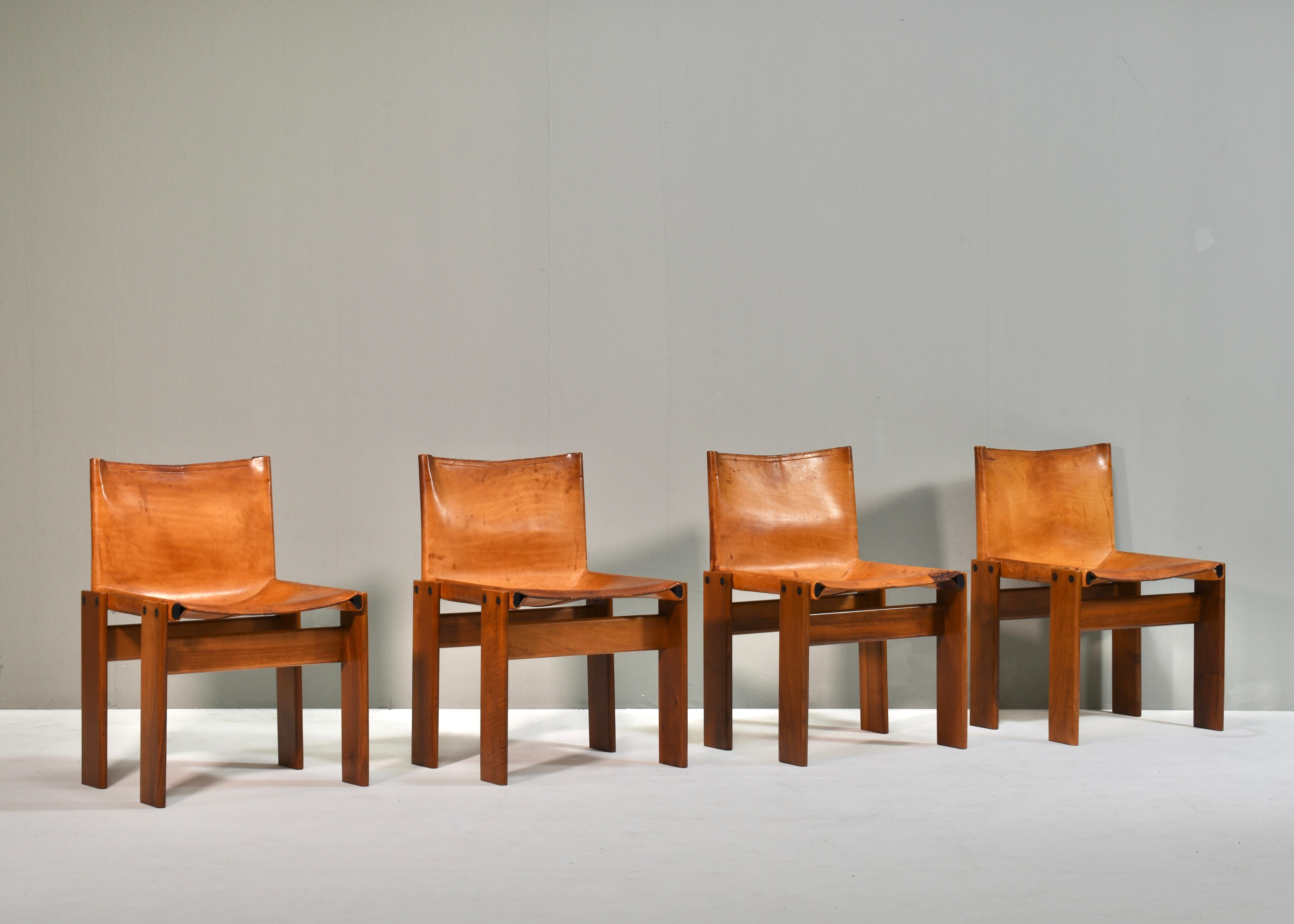 Italian 4x Monk Chairs in Cognac Tan Leather by Afra & Tobia Scarpa, Molteni, Italy 1974 For Sale