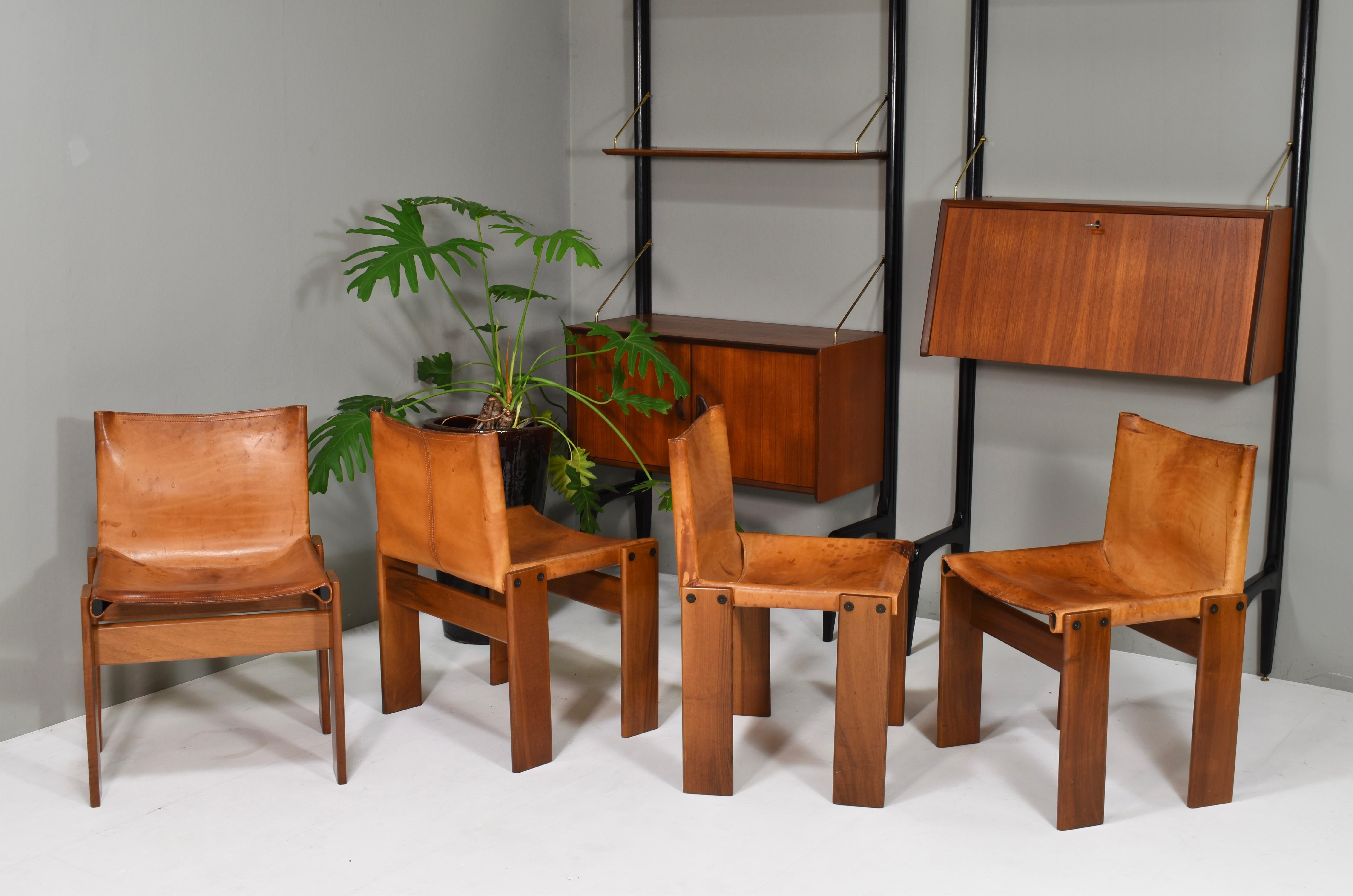 Late 20th Century 4x Monk Chairs in Cognac Tan Leather by Afra & Tobia Scarpa, Molteni, Italy 1974 For Sale