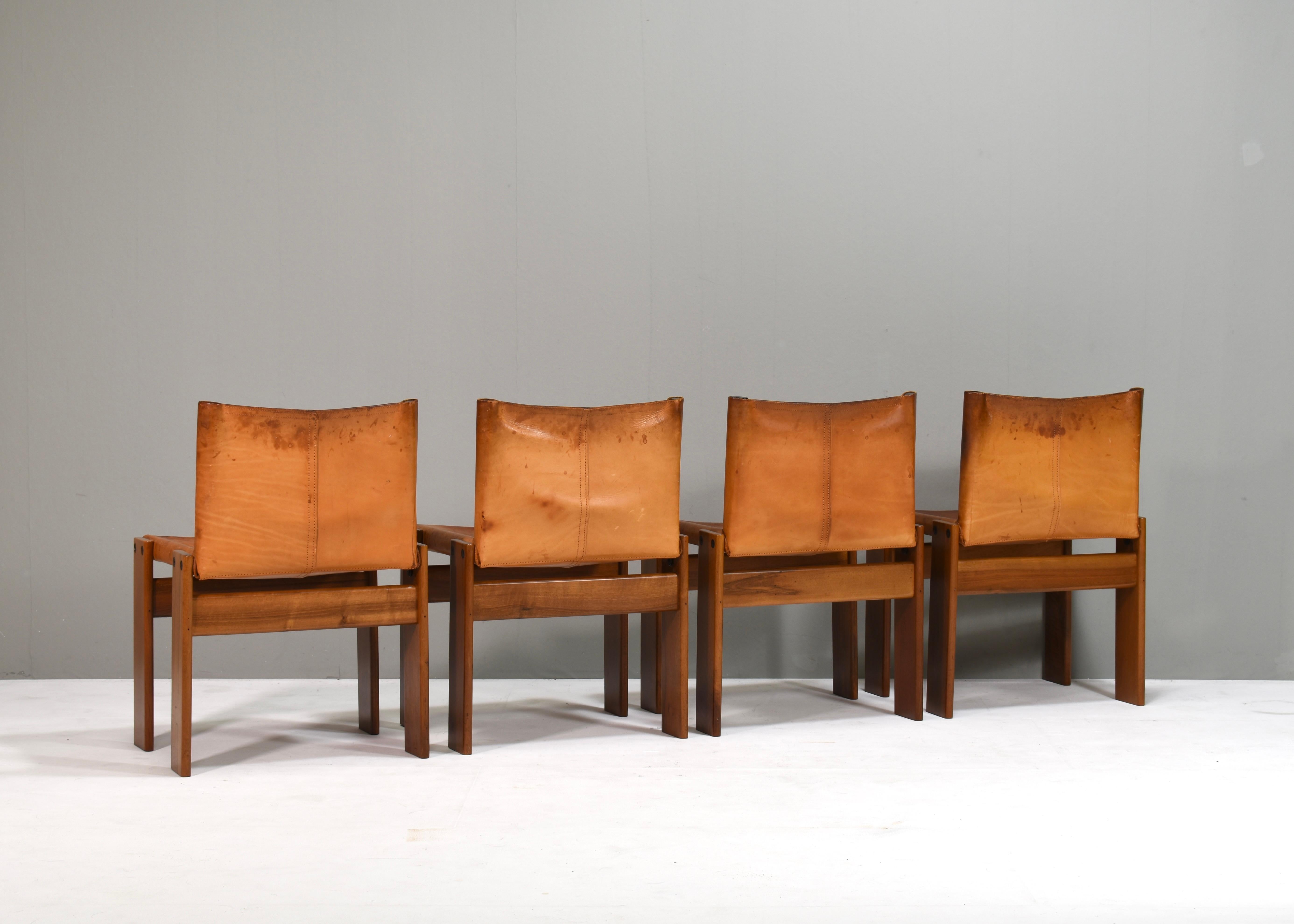 Walnut 4x Monk Chairs in Cognac Tan Leather by Afra & Tobia Scarpa, Molteni, Italy 1974 For Sale