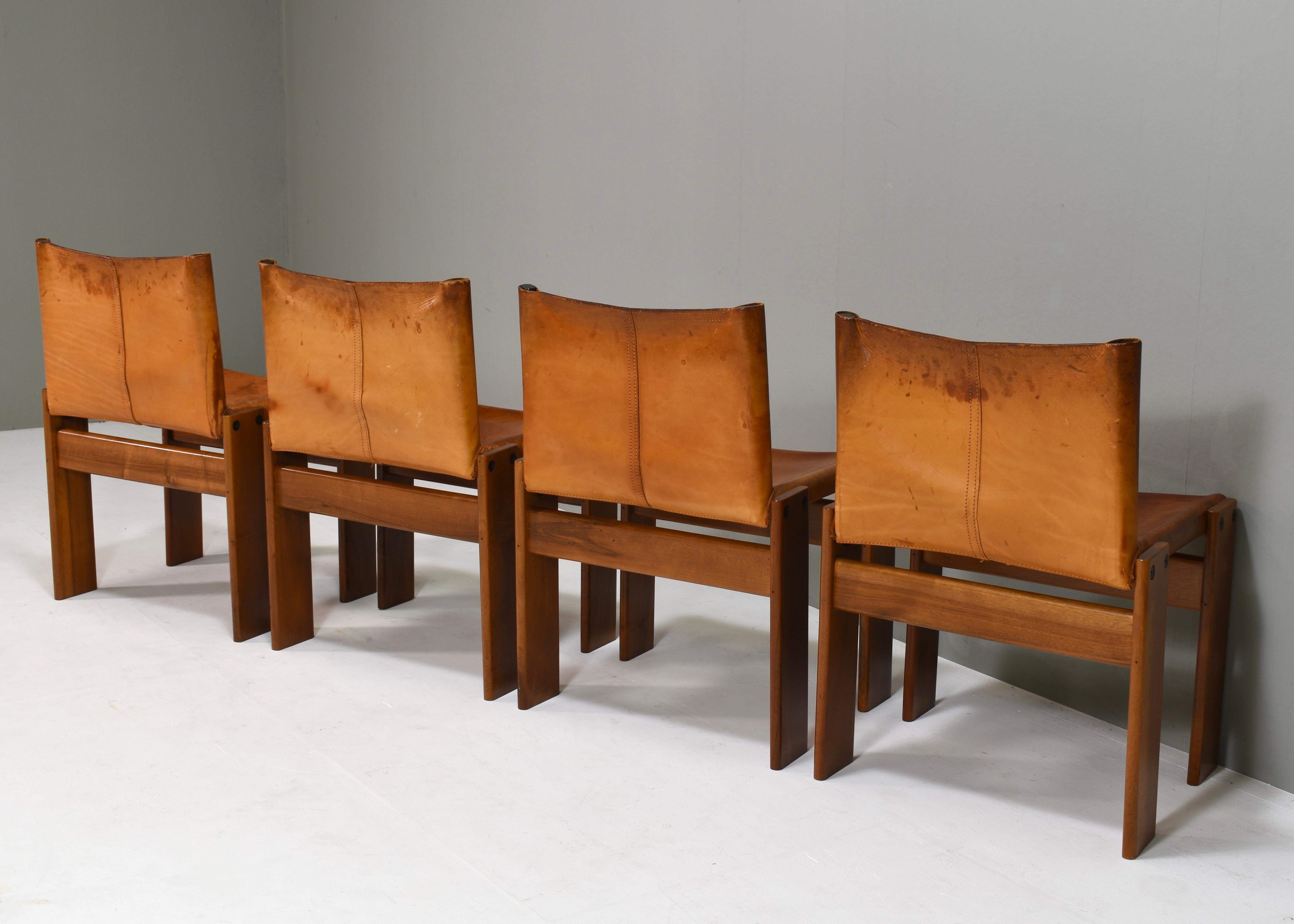 4x Monk Chairs in Cognac Tan Leather by Afra & Tobia Scarpa, Molteni, Italy 1974 For Sale 1