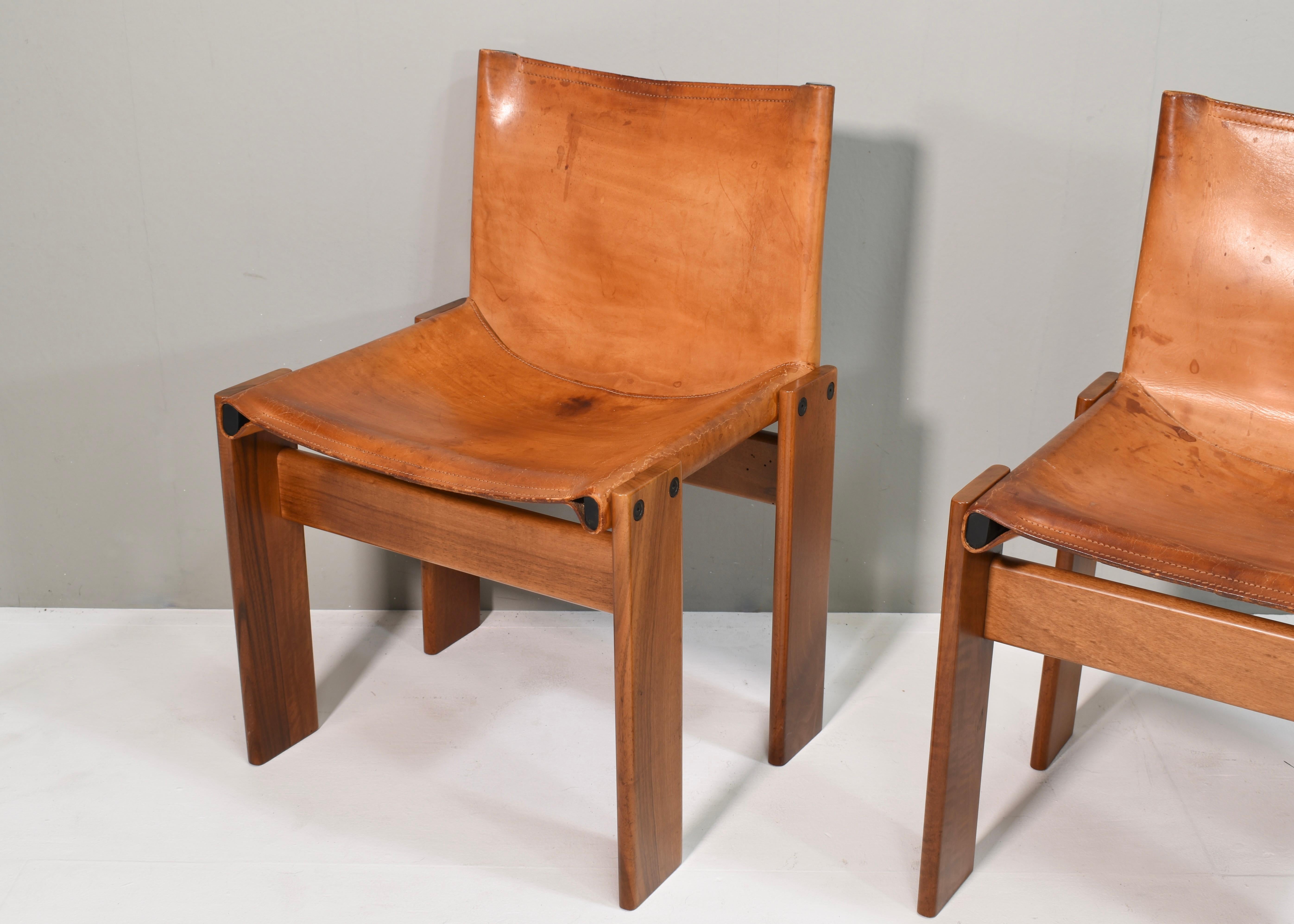 4x Monk Chairs in Cognac Tan Leather by Afra & Tobia Scarpa, Molteni, Italy 1974 For Sale 2