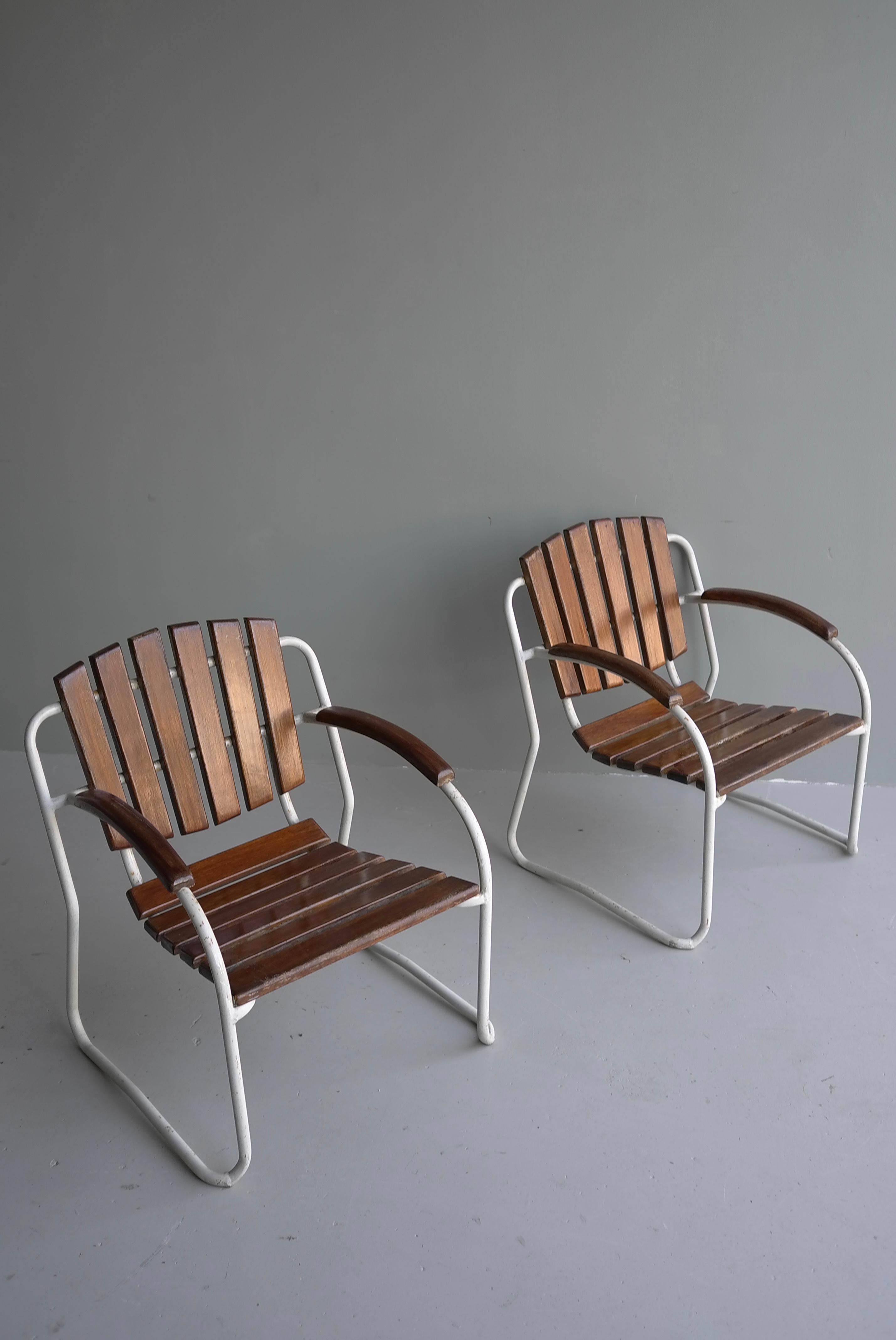 4x Tubular Frame and Slatwood Stackable Garden Chairs, 1930's For Sale 5