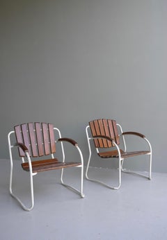 4x Tubular Frame and Slatwood Stackable Garden Chairs, 1930's