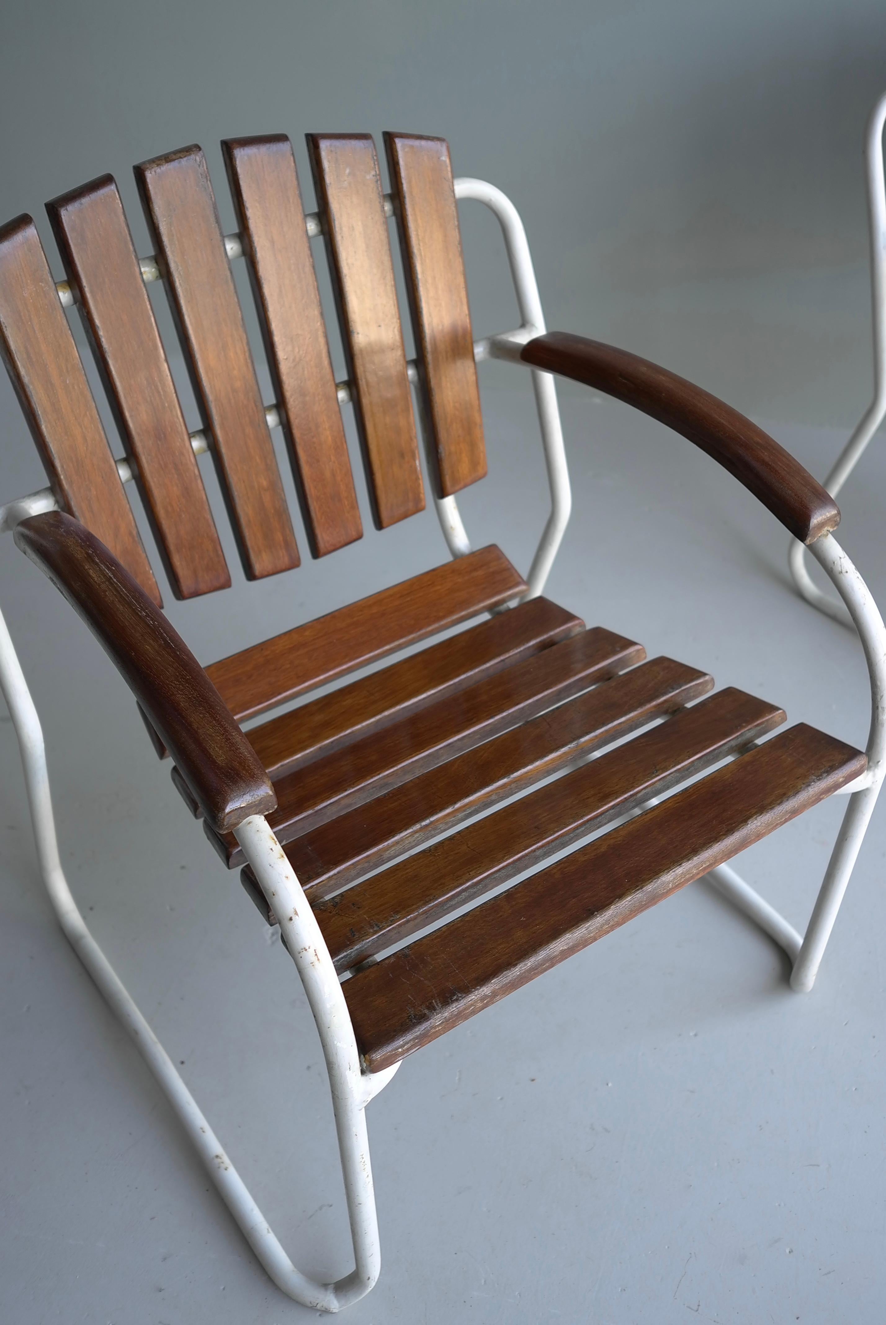 Bauhaus 4x Tubular Frame and Slatwood Stackable Garden Chairs, 1930's For Sale