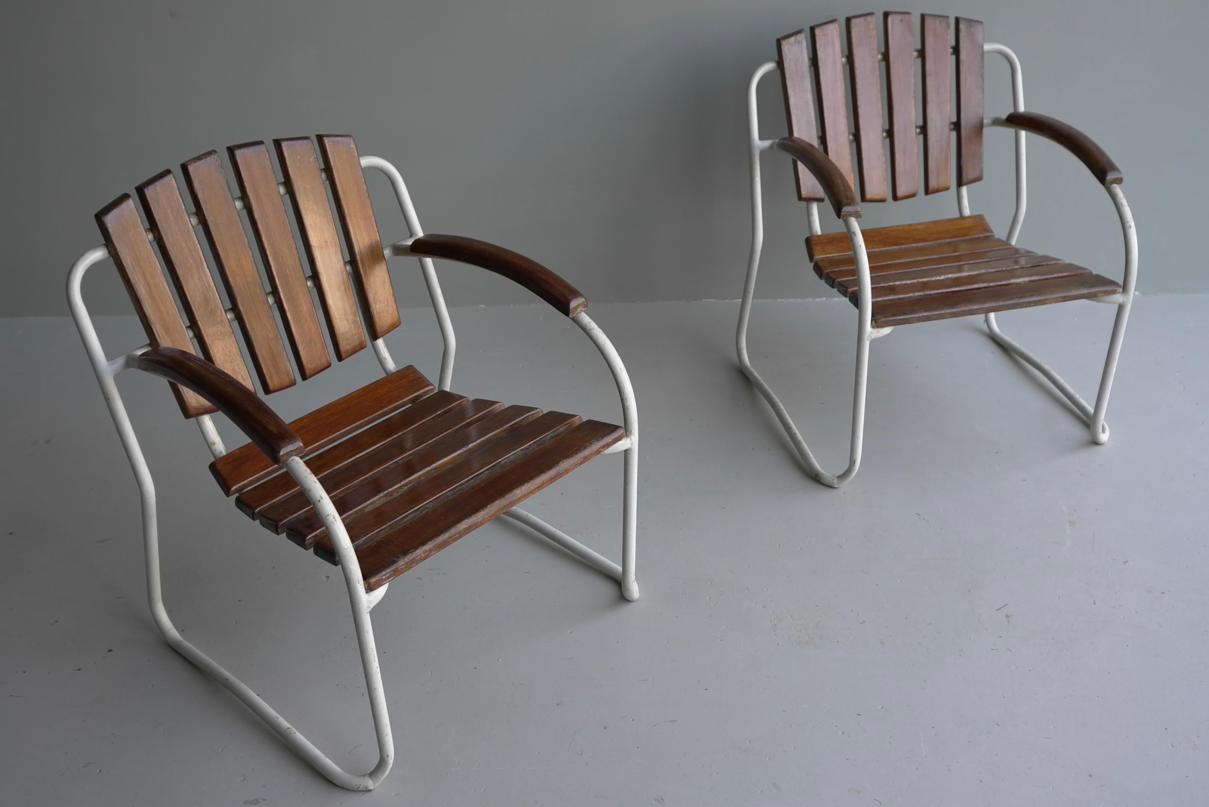European 4x Tubular Frame and Slatwood Stackable Garden Chairs, 1930's For Sale