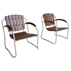 4x Tubular Frame and Slatwood Stackable Garden Chairs, 1930's