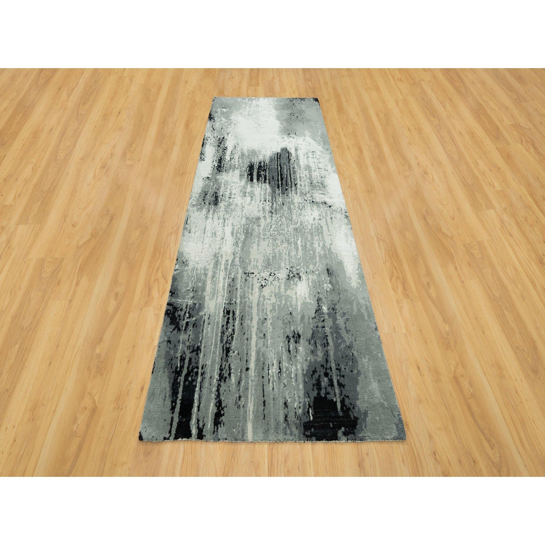 Shadow Black with Parchment White, Hand Knotted, Soft to Touch Abstract Design, Wool and Silk, Wide Runner Oriental Rug
Primary materials: Wool & Silk
Latex: No Pile 
height: 0.25 Inches
Style: Transitional
Primary color: Black
Secondary colors: