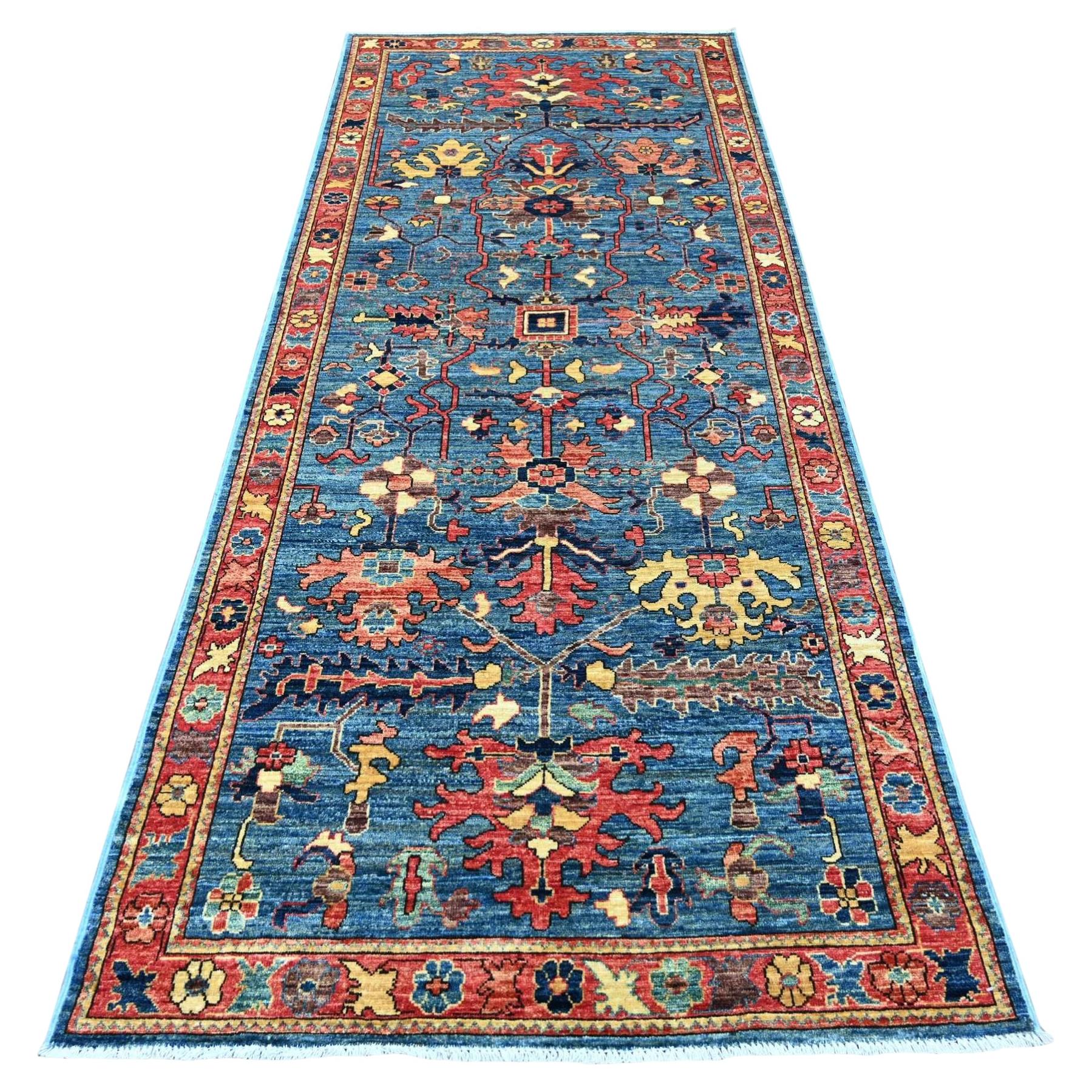 4'x10' Blue Heriz All Over Design Aryana Grade Hand Knotted Wool Runner Rug