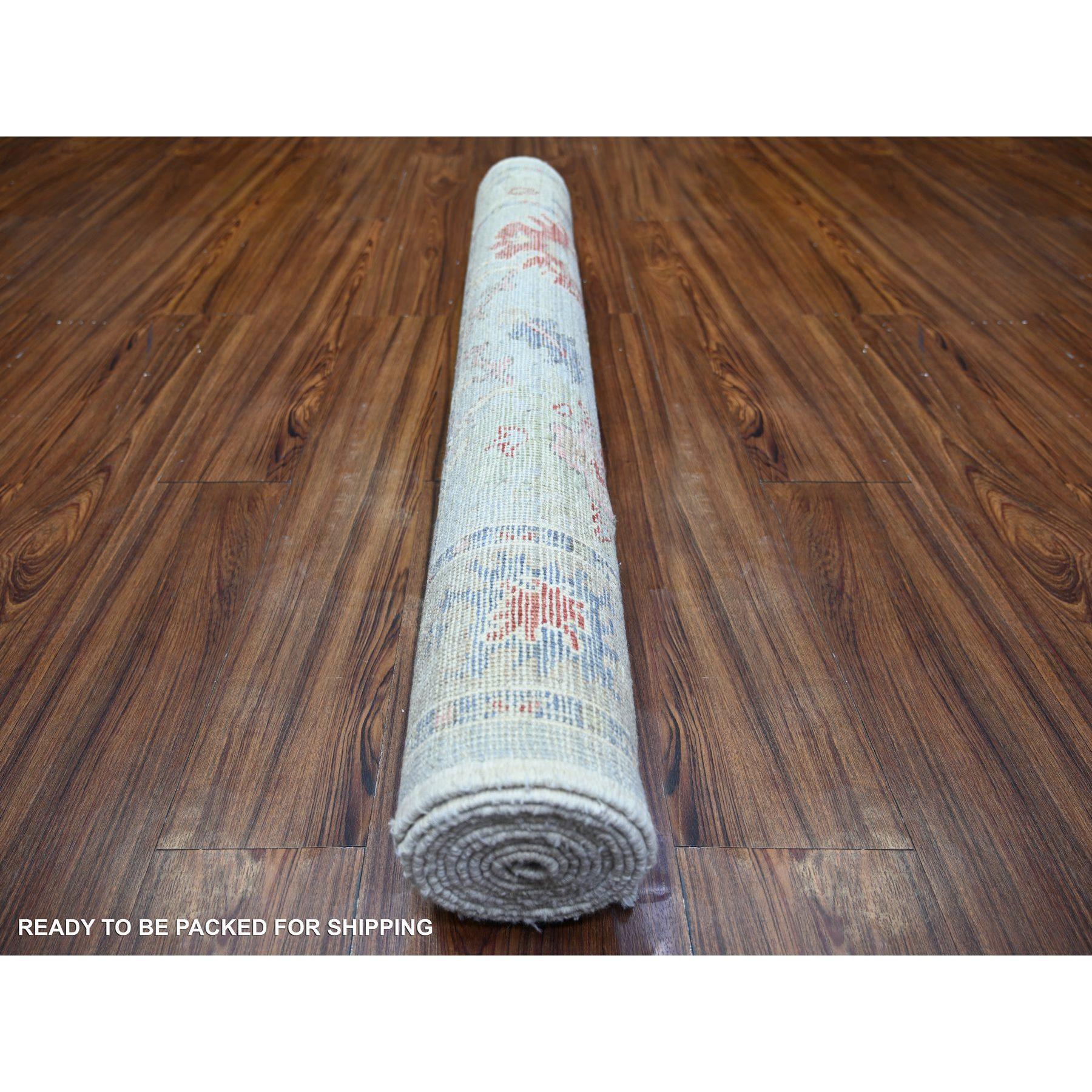 Annodato a mano 4'x10' Grigio, Angora afgano Oushak, Tappeto Runner largo in pura lana annodato a mano in vendita