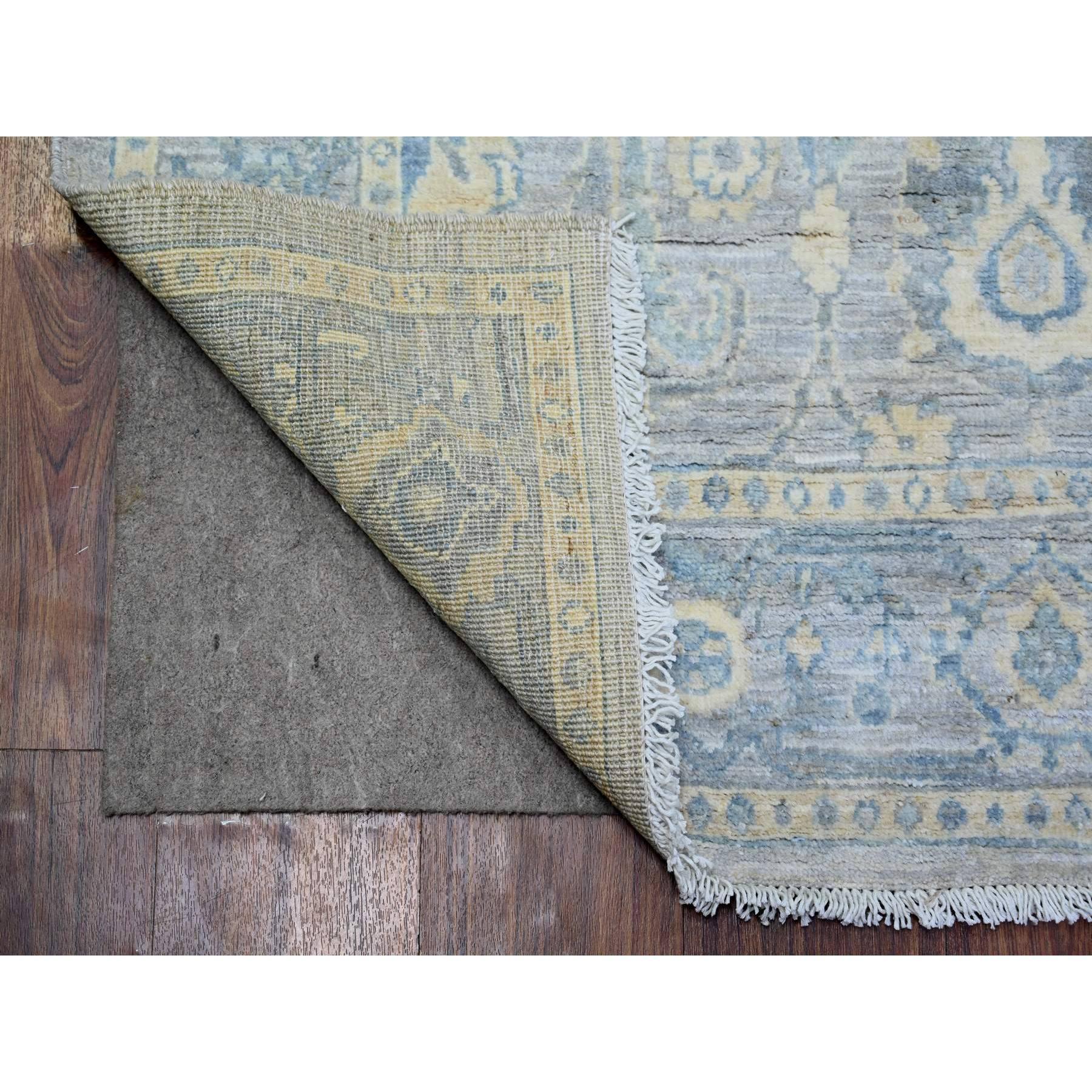 Gray, Finer Peshawar with All Over Vines Natural Dyes, Soft Wool Hand Knotted, Wide Runner Oriental Rug
Primary materials: Wool
Latex: No Pile 
height: 0.25 Inches
Style: Transitional
Primary color: Grey
Secondary colors: Yellow, Ivory
Pattern: