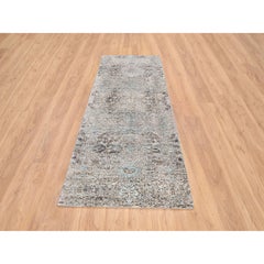 4'x10' Gray Transitional Design Silk with Wool Hand Knotted Wide Runner Rug