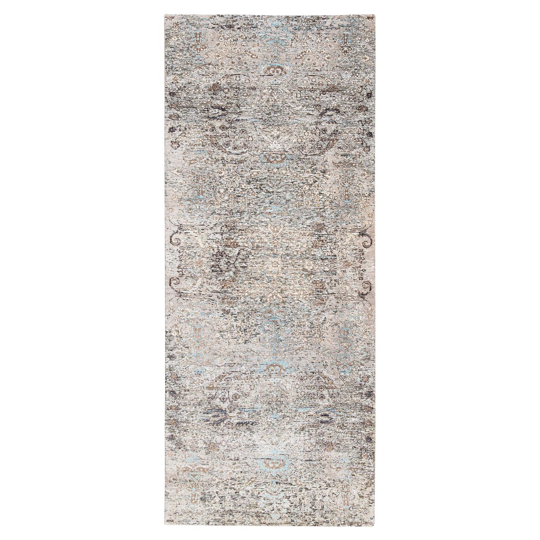 4'x10' Tapis de course large en soie et laine nouée à la main, design transitionnel gris