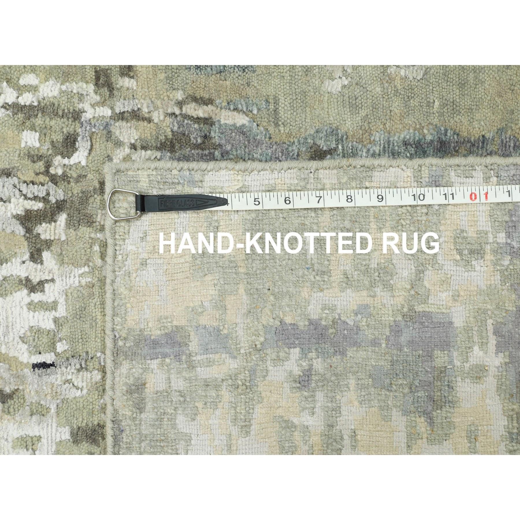 Soie 4'x10' Wool And Silk Silver Blue Modern Abstract Design Hand Knotted Rug en vente
