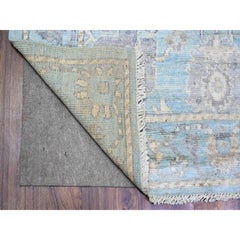 4'x10'1" Cerulean Blue Hand Knotted Afghan Angora Oushak Pure Wool Runner Rug