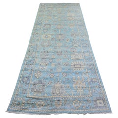 4'x10'1" Cerulean Blue Hand Knotted Afghan Angora Oushak Pure Wool Runner Rug
