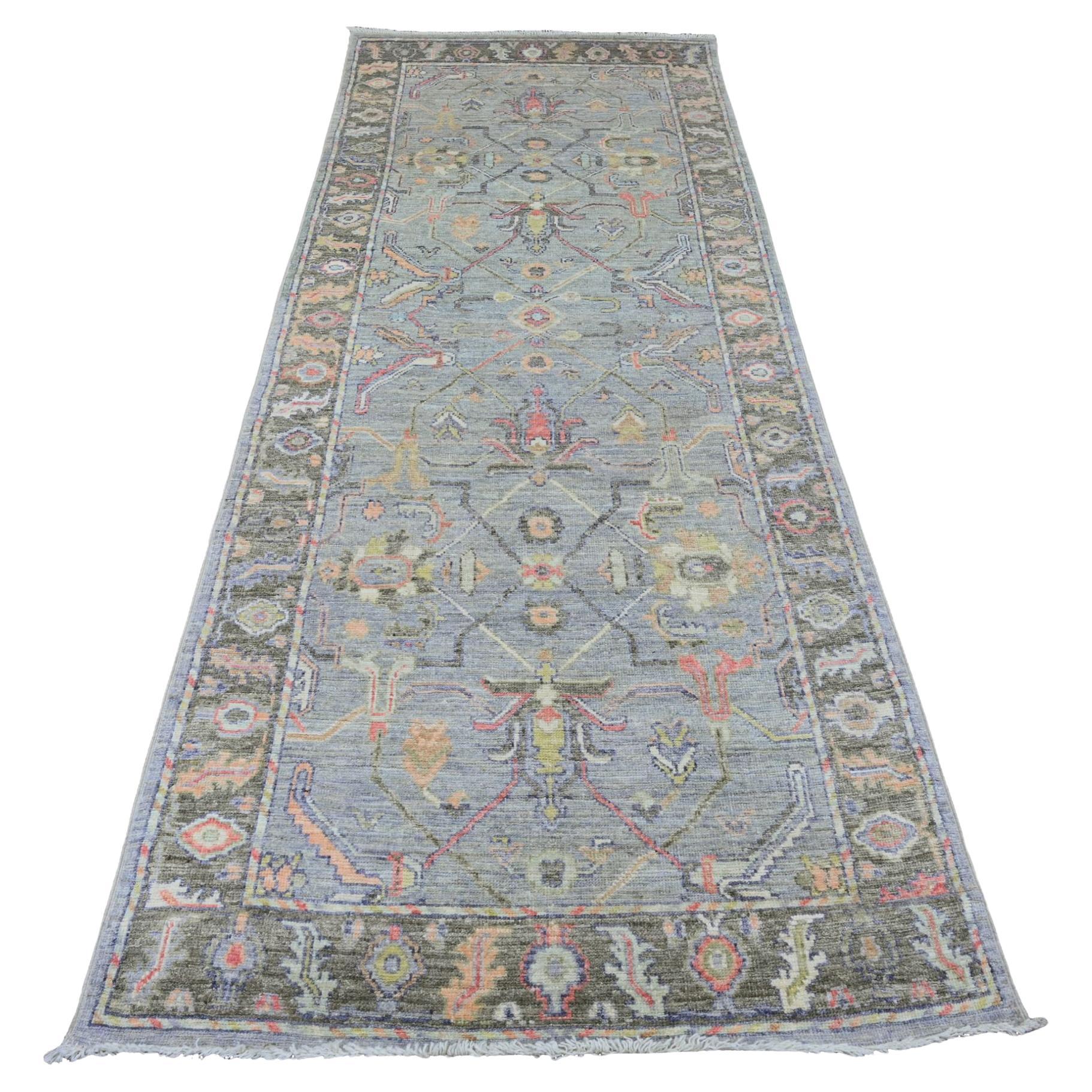 4'x10'1" Gray Afghan Angora Oushak Vines Design Hand Knotted Wool Runner Rug