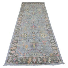 Tappeto Runner in Lana Annodato a Mano 4'x10'1" Grigio Afgano Angora Oushak Vines Design