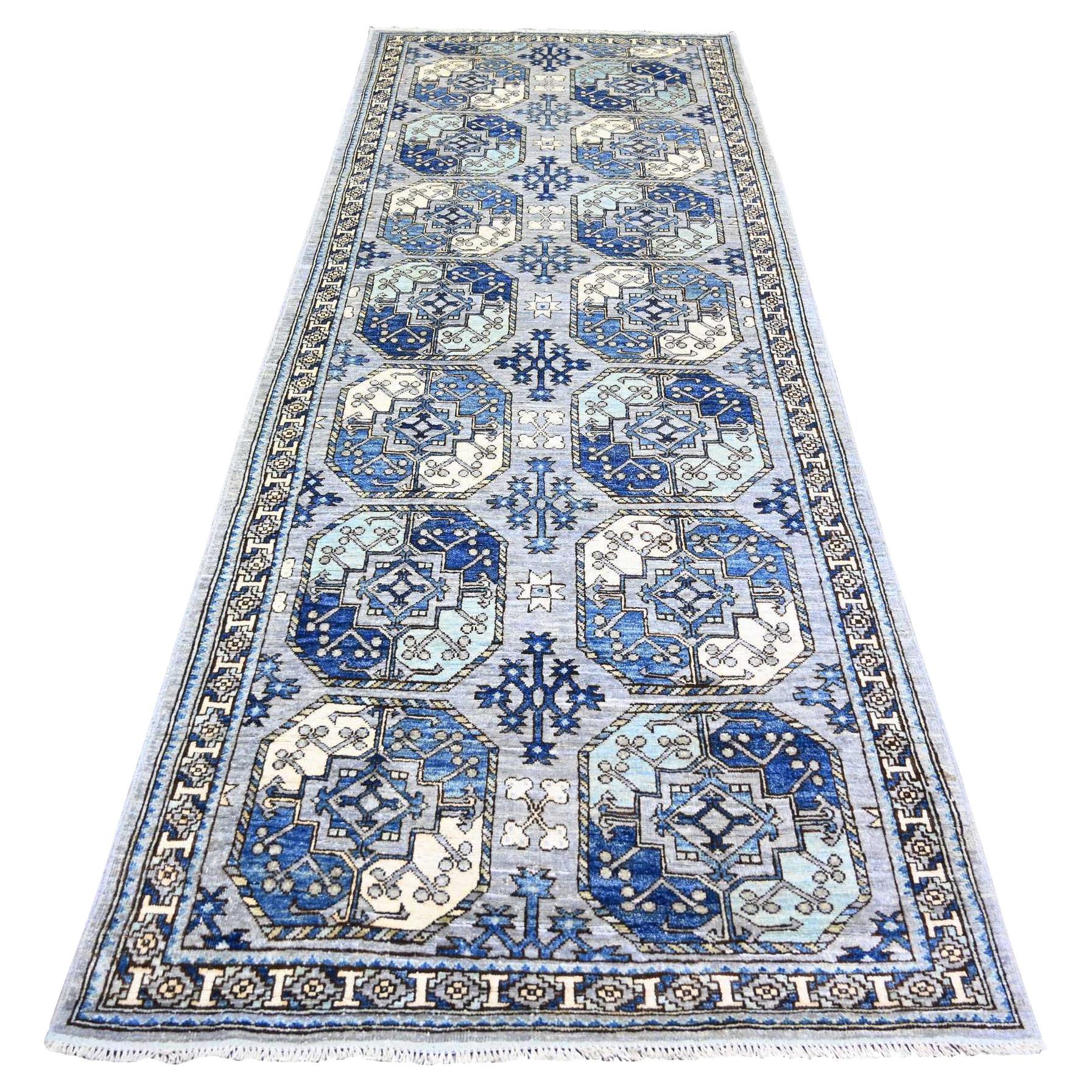4'x10'1" Silver Gray, Soft Wool, Hand Knotted Afghan Ersari Wide Runner Rug For Sale