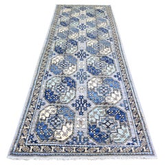 4'x10'1" Silver Gray, Soft Wool, Hand Knotted Afghan Ersari Wide Runner Rug