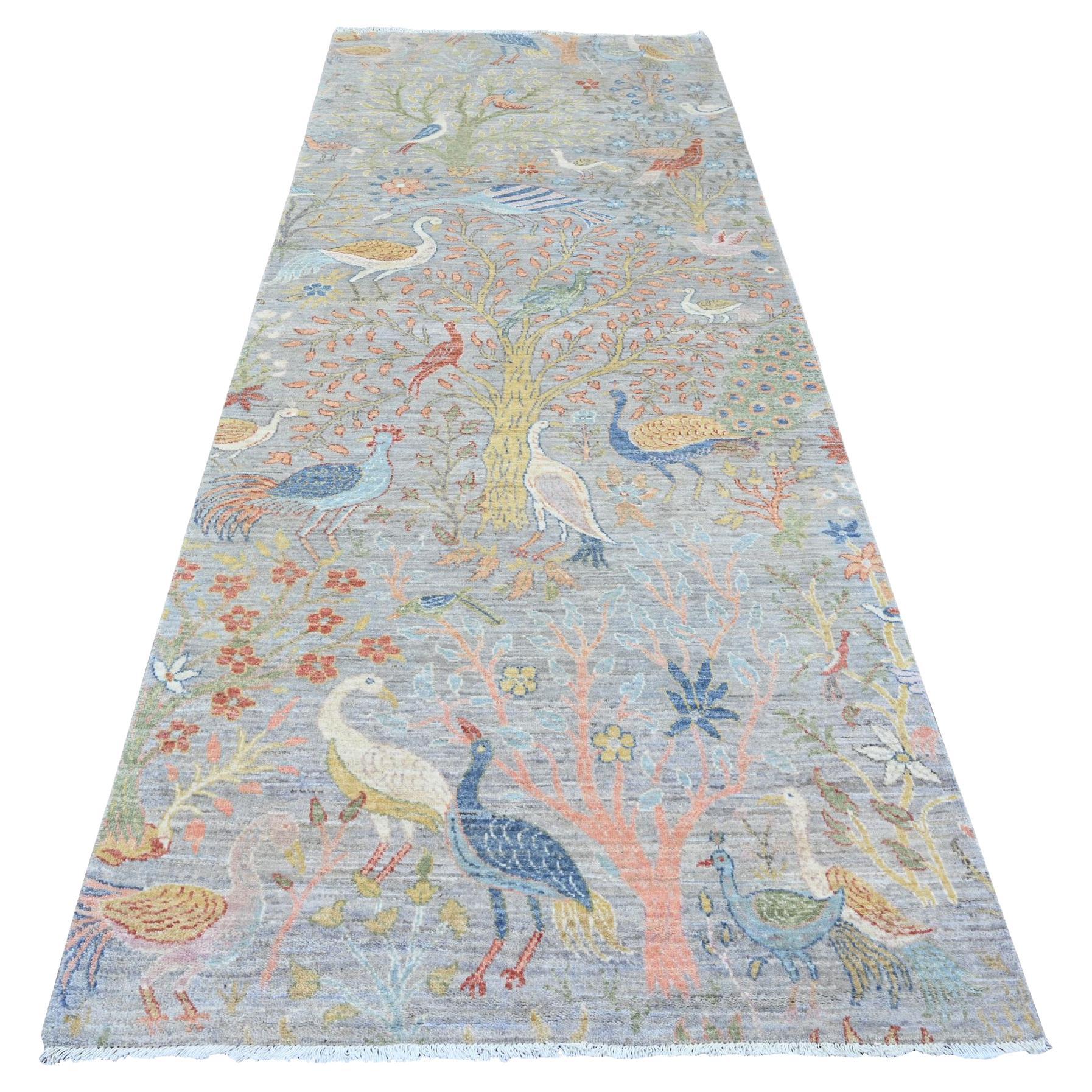 Tappeto Runner in lana annodato a mano 4'x10'2" Gray Peshawar Birds of Paradise Design