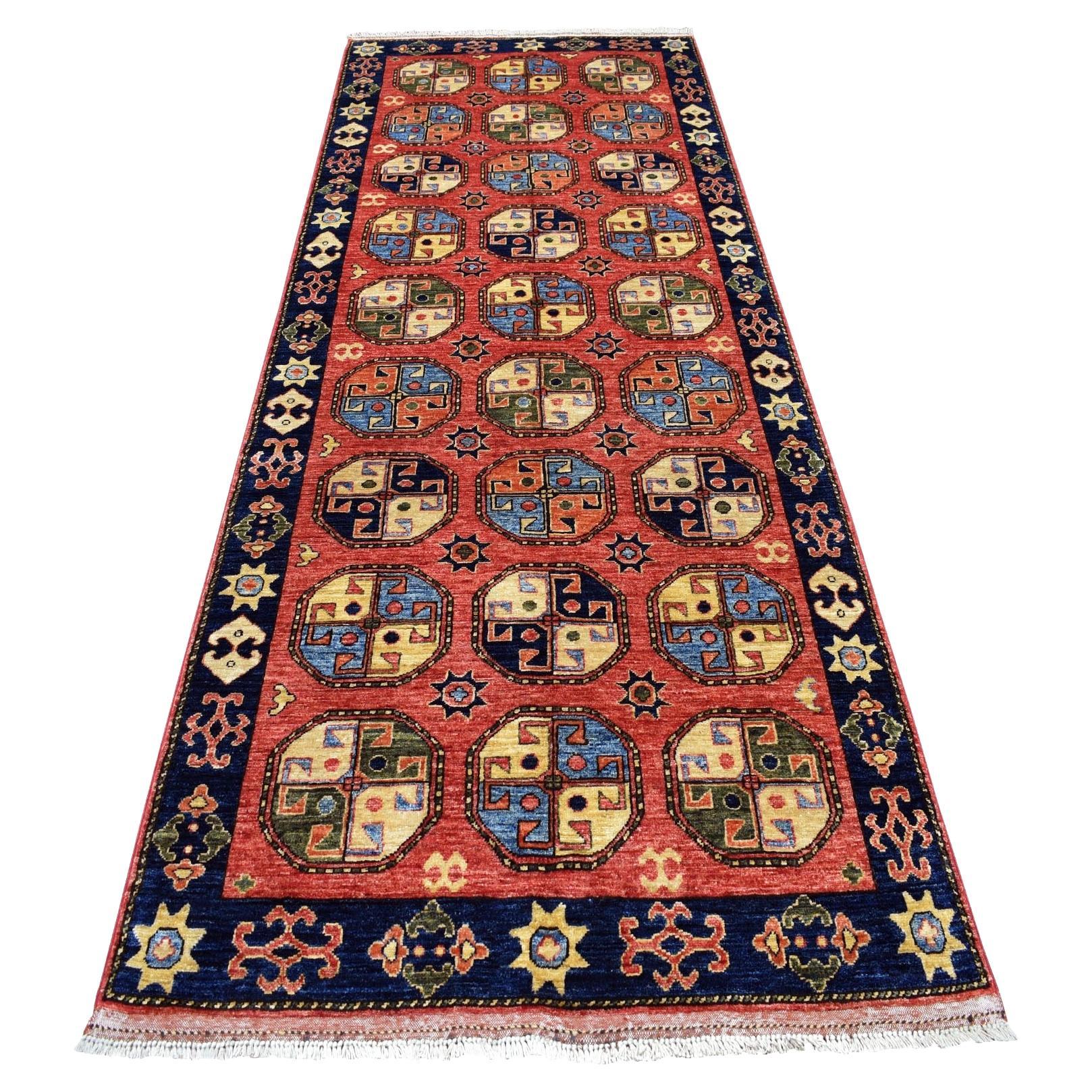 4'x10'2" Red Afghan Turkoman Ersari Wide Runner Tekke Design Hand Knotted Rug For Sale
