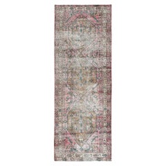 4'x10'3" Faded Red Vintage and Worn Down Clean Hand Knotted Pure Wool Runner Rug