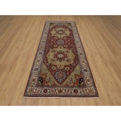 4'x10'3" Red Antiqued Fine Heriz Re-Creation Pure Wool Hand Knotted Runner Rug
