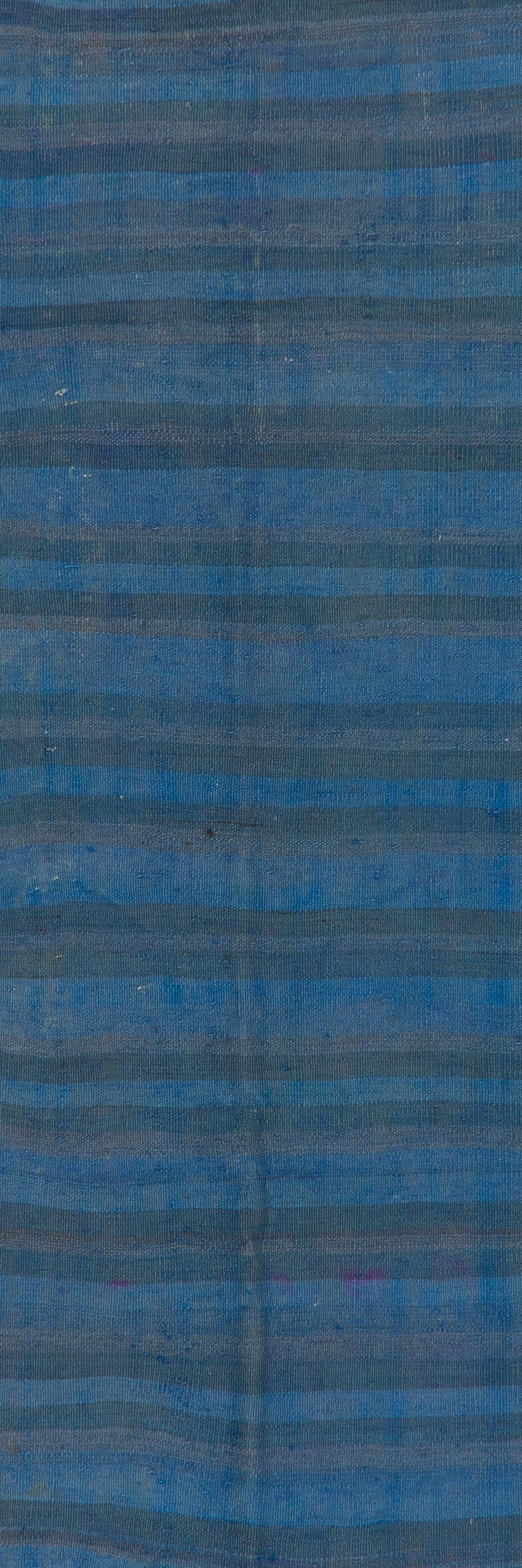 Turkish 4x10.6 ft Vintage Striped Wool Kilim Runner in Blue, Handmade Corridor Rug For Sale