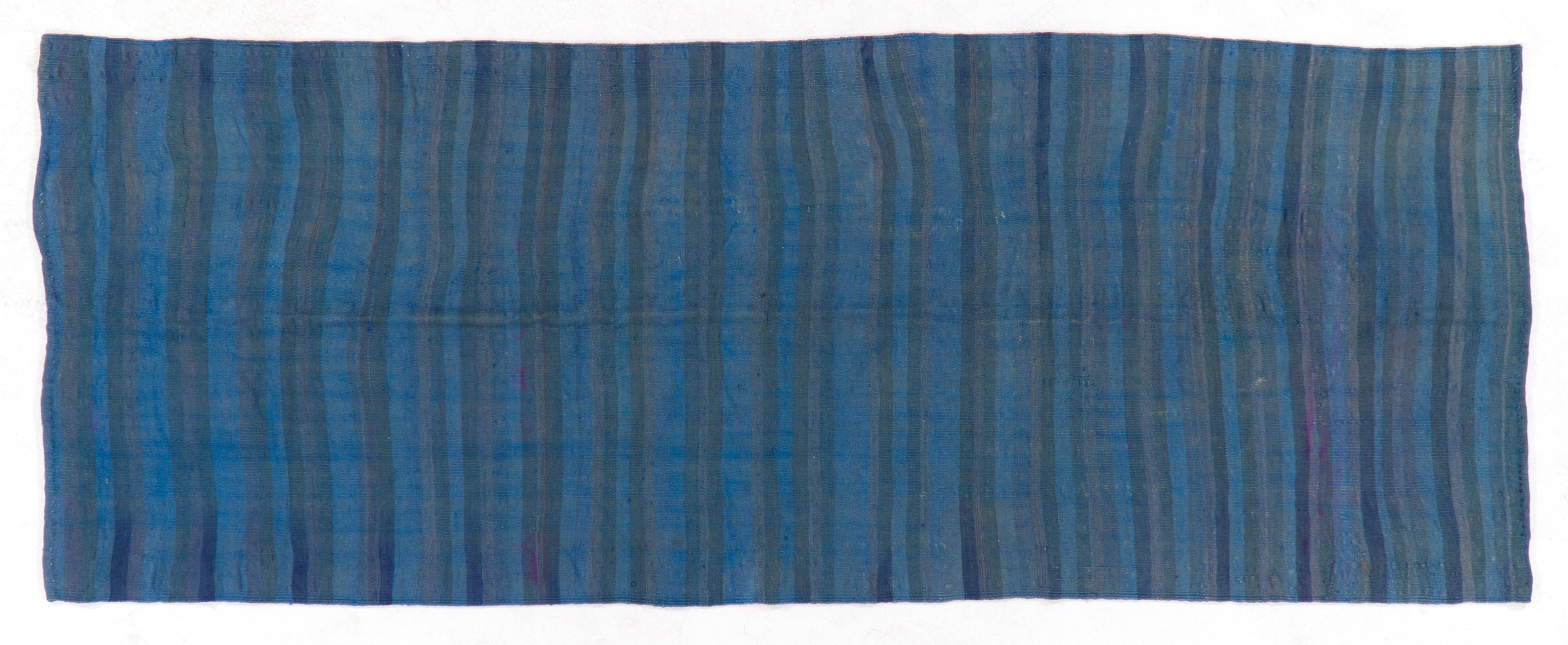 Hand-Woven 4x10.6 ft Vintage Striped Wool Kilim Runner in Blue, Handmade Corridor Rug For Sale