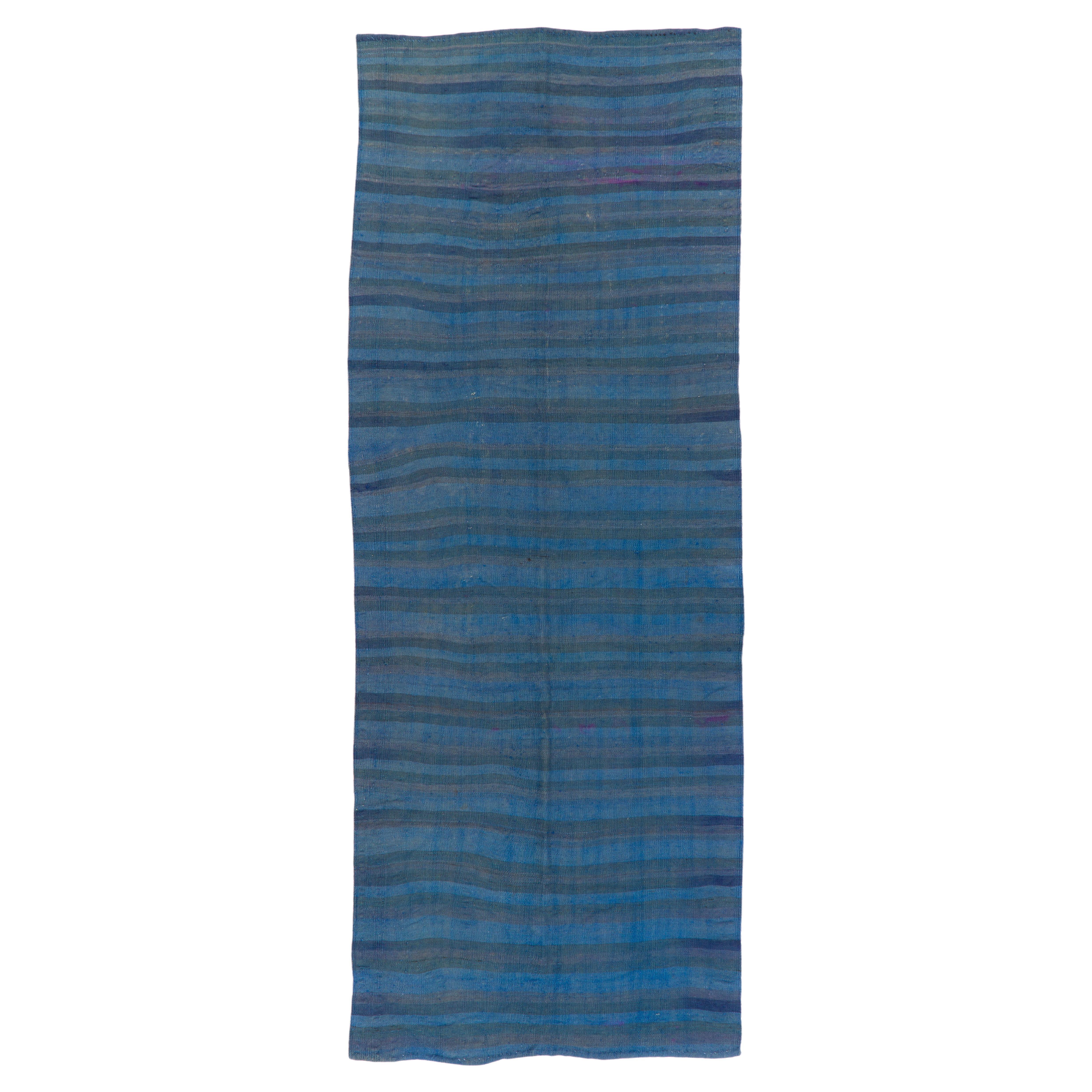 4x10.6 ft Vintage Striped Wool Kilim Runner in Blue, Handmade Corridor Rug For Sale