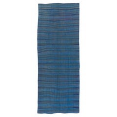 4x10.6 Fuß Vintage gestreifter Vintage-Kelim-Läufer aus Wolle in Blau, handgefertigt