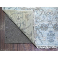 4'x11'10" Blue Angora Oushak All Over Pattern Shiny Wool Hand Knotted Runner Rug