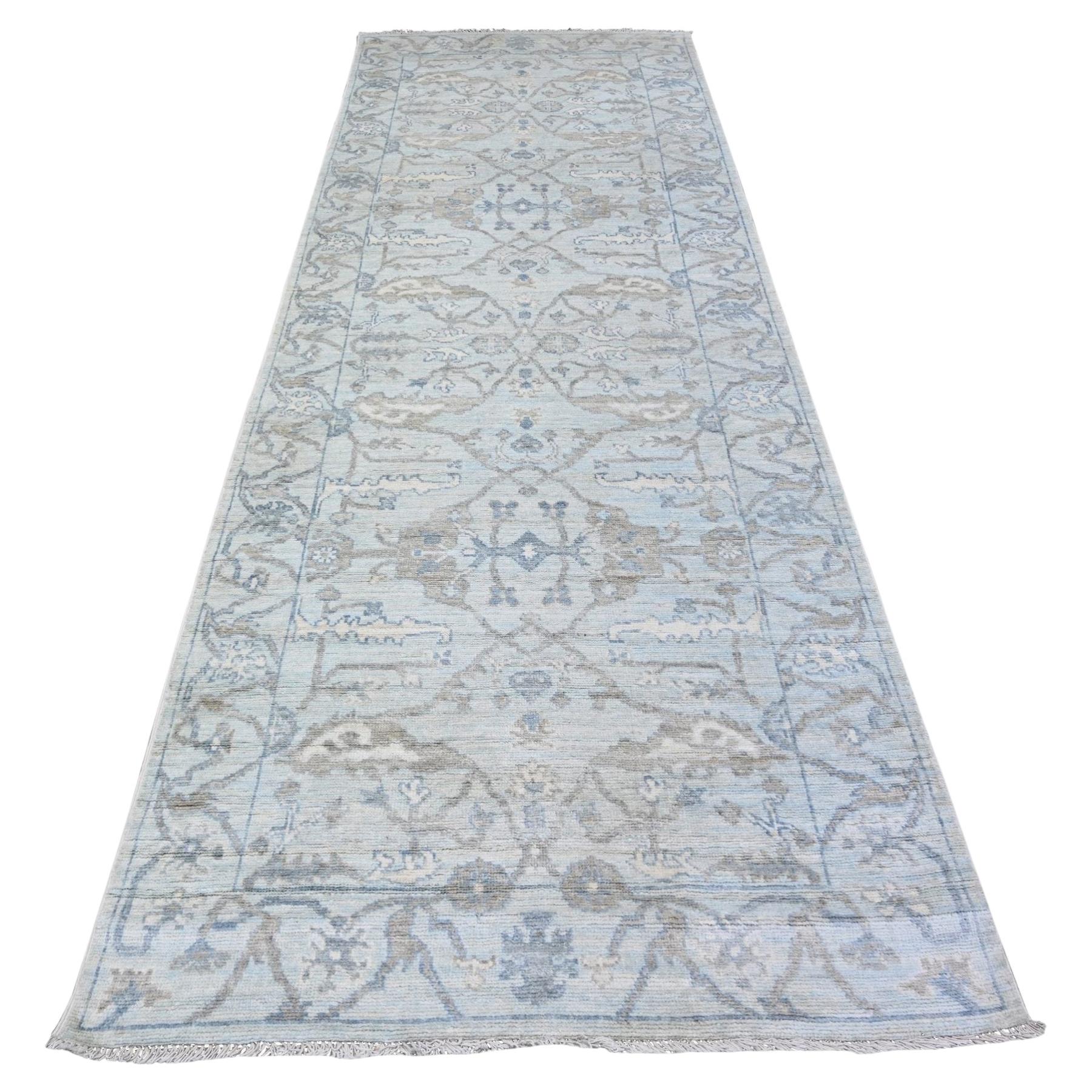 4'x11'10" Blue Angora Oushak All Over Pattern Shiny Wool Hand Knotted Runner Rug