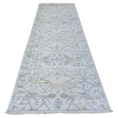 4'x11'10" Blue Angora Oushak All Over Pattern Shiny Wool Hand Knotted Runner Rug