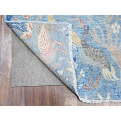 4'x11'10" Blue Soft Wool Peshawar Birds Paradise Hand Knotted Wide Runner Rug