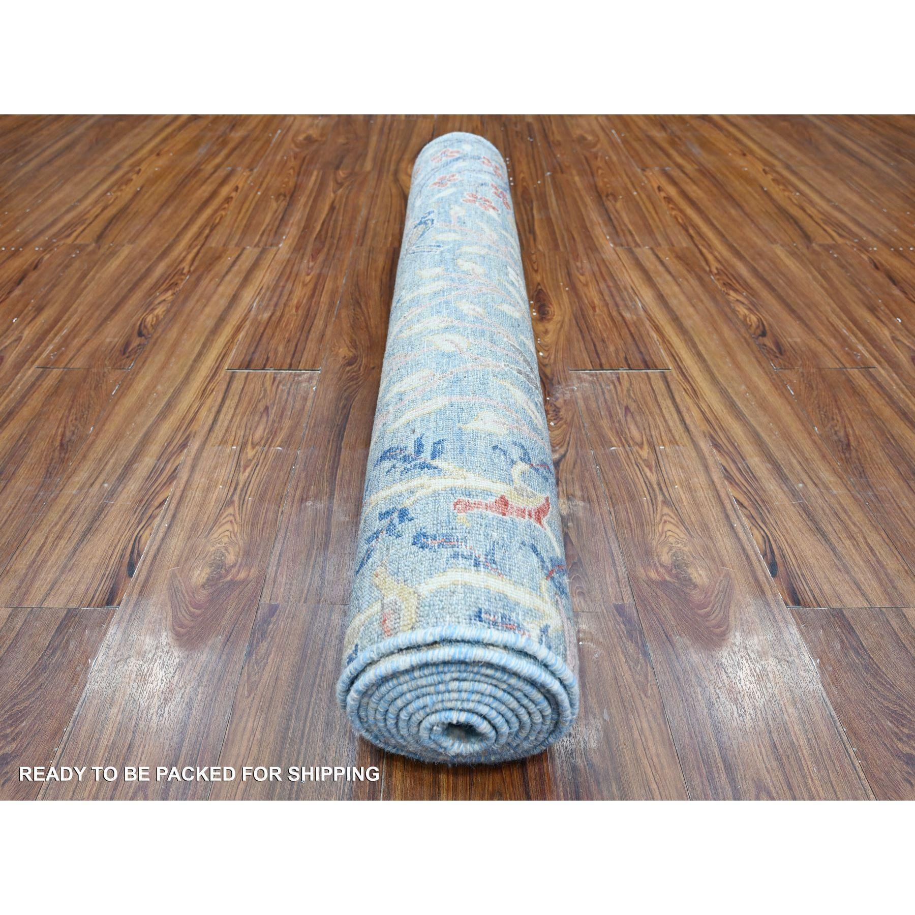 Alfombra Ancha Anudada a Mano de Lana Suave Peshawar Birds Paradise Azul 4'x11'10 Afgano en venta