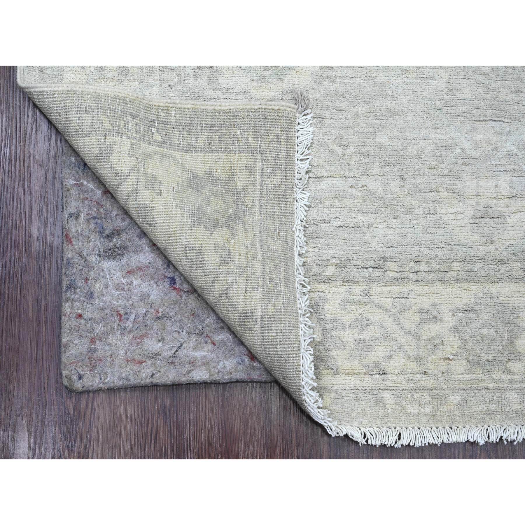 Medium Gray, Washed Out Peshawar with Heriz All Over Design, High Mountain Wool, Hand Knotted, Densely Woven, Wide Runner, Oriental Rug
Primary materials: Wool
Latex: No Pile 
height: 0.25 Inches
Style: Transitional
Primary color: Grey
Secondary