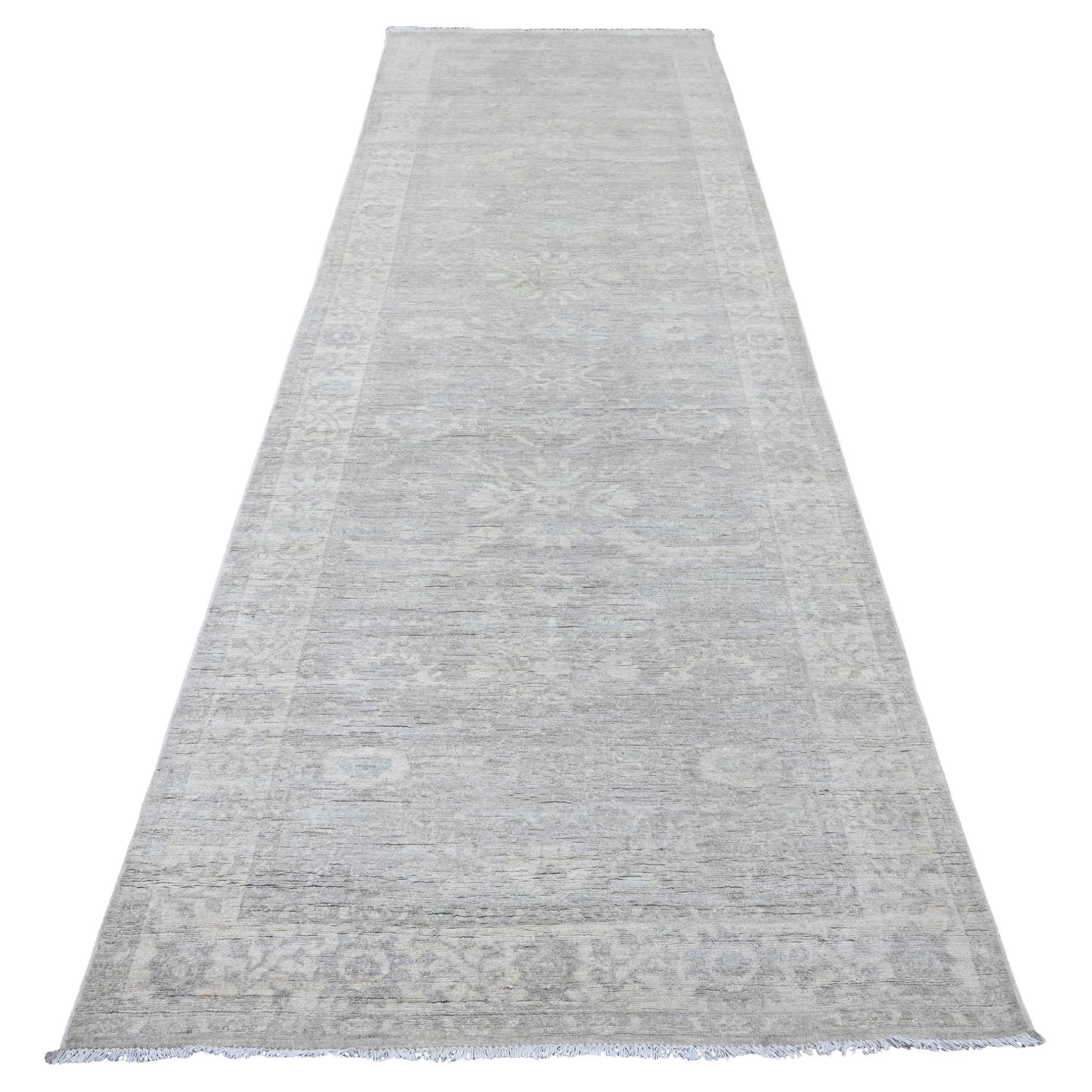 4'x11'10" Gray Washed Out Peshawar Heriz Design Hand Knotted All Wool Runner Rug For Sale