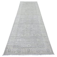 4'x11'10" Gray Washed Out Peshawar Heriz Design Hand Knotted All Wool Runner Rug