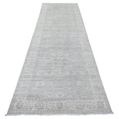 4'x11'10" Gray Washed Out Peshawar Heriz Design Hand Knotted All Wool Runner Rug