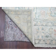 4'x11'10" Light Blue Angora Oushak Leaf Design Hand Knotted Pure Wool Runner Rug