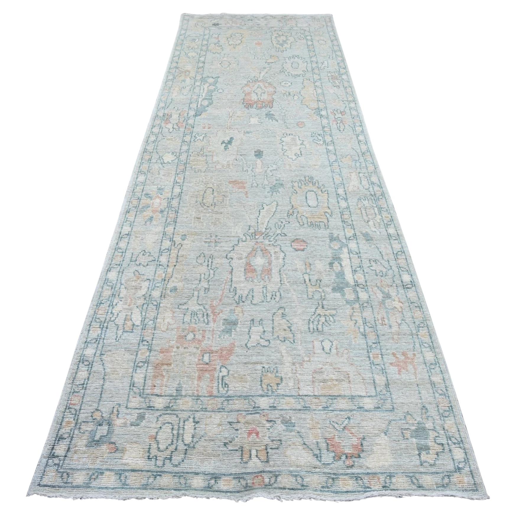 4'x11'10" Light Blue Angora Oushak Leaf Design Hand Knotted Pure Wool Runner Rug For Sale