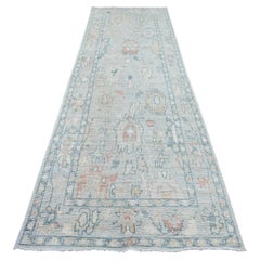 4'x11'10" Light Blue Angora Oushak Leaf Design Hand Knotted Pure Wool Runner Rug