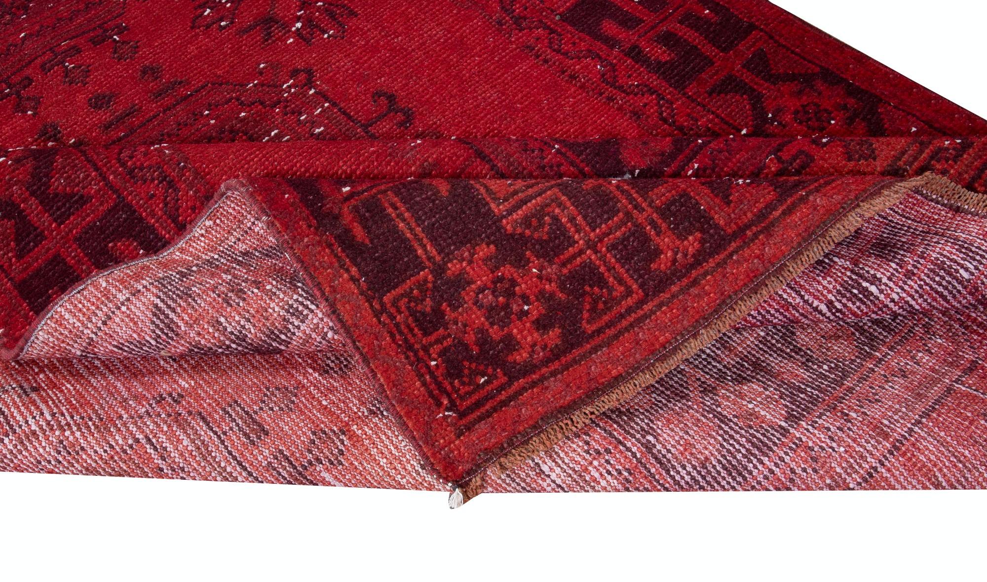 Hand-Knotted 4x11.2 Ft Hand Knotted Runner Rug. Modern Turkish Hallway Carpet in Dark Red For Sale