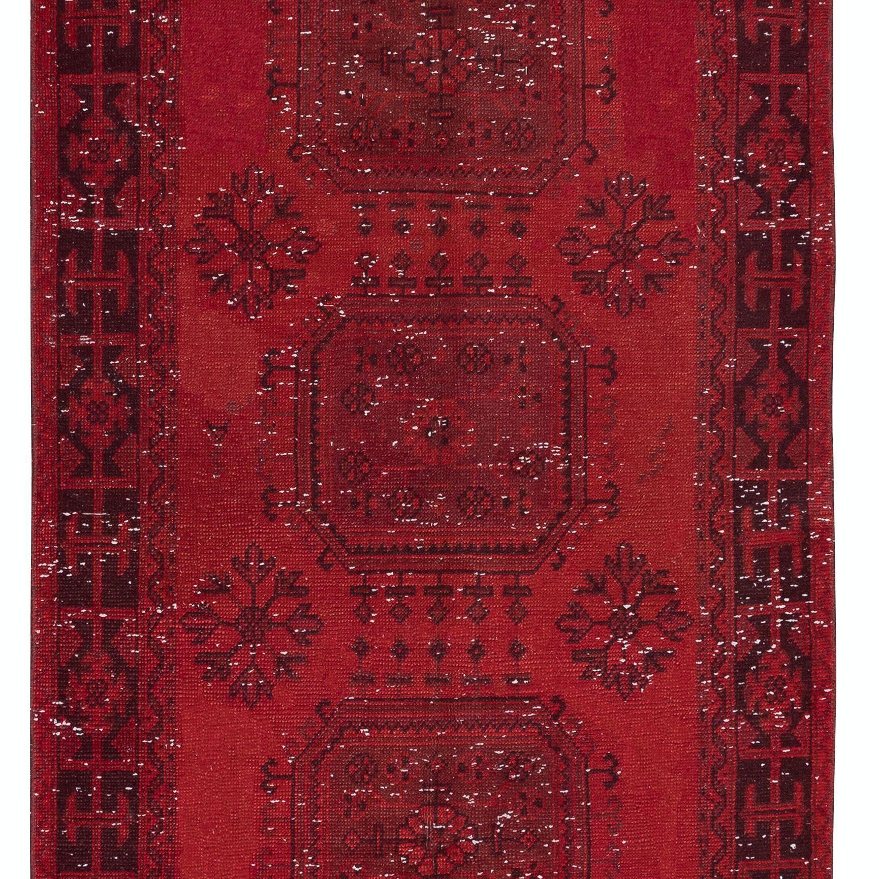 20th Century 4x11.2 Ft Hand Knotted Runner Rug. Modern Turkish Hallway Carpet in Dark Red For Sale