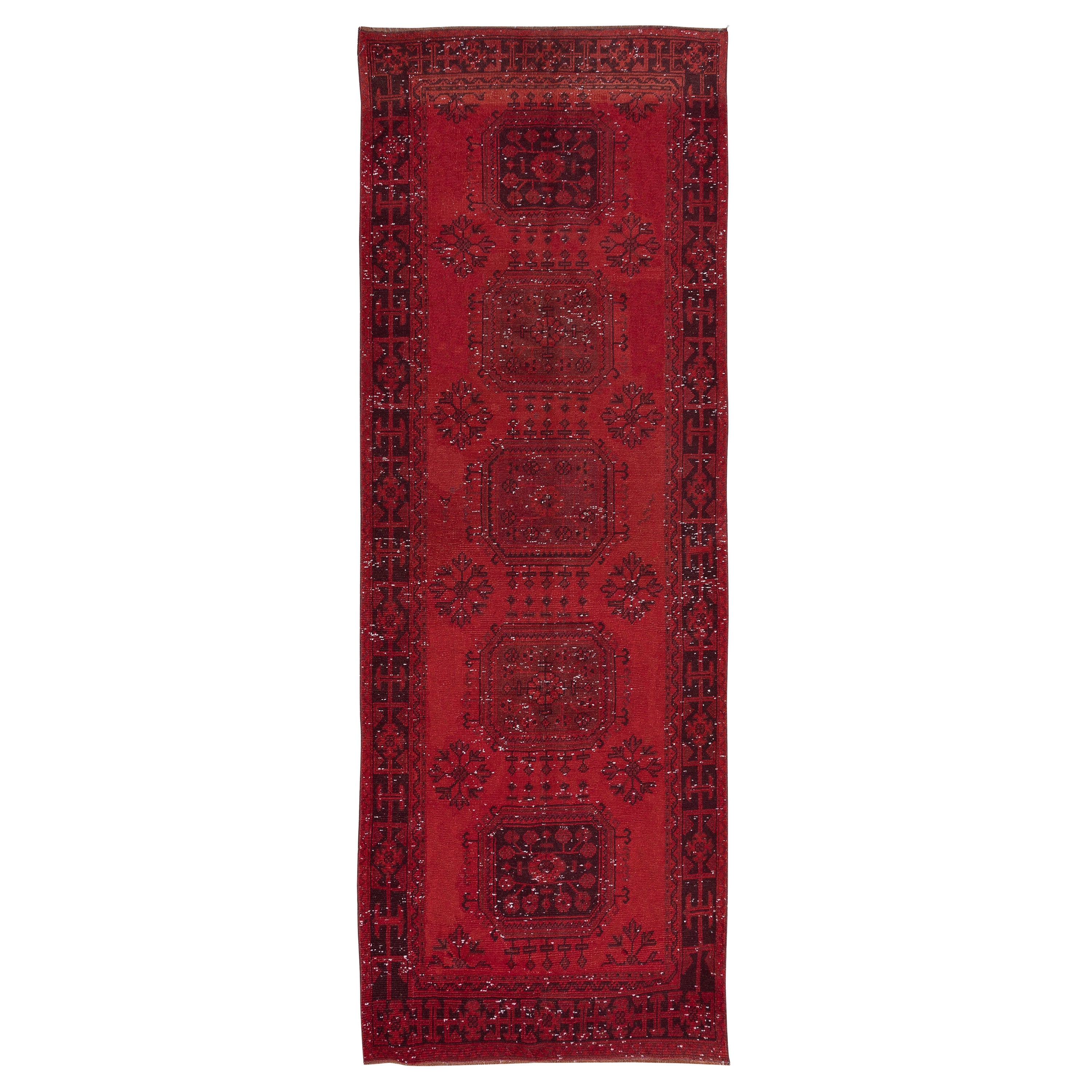 4x11.2 Ft Hand Knotted Runner Rug. Modern Turkish Hallway Carpet in Dark Red