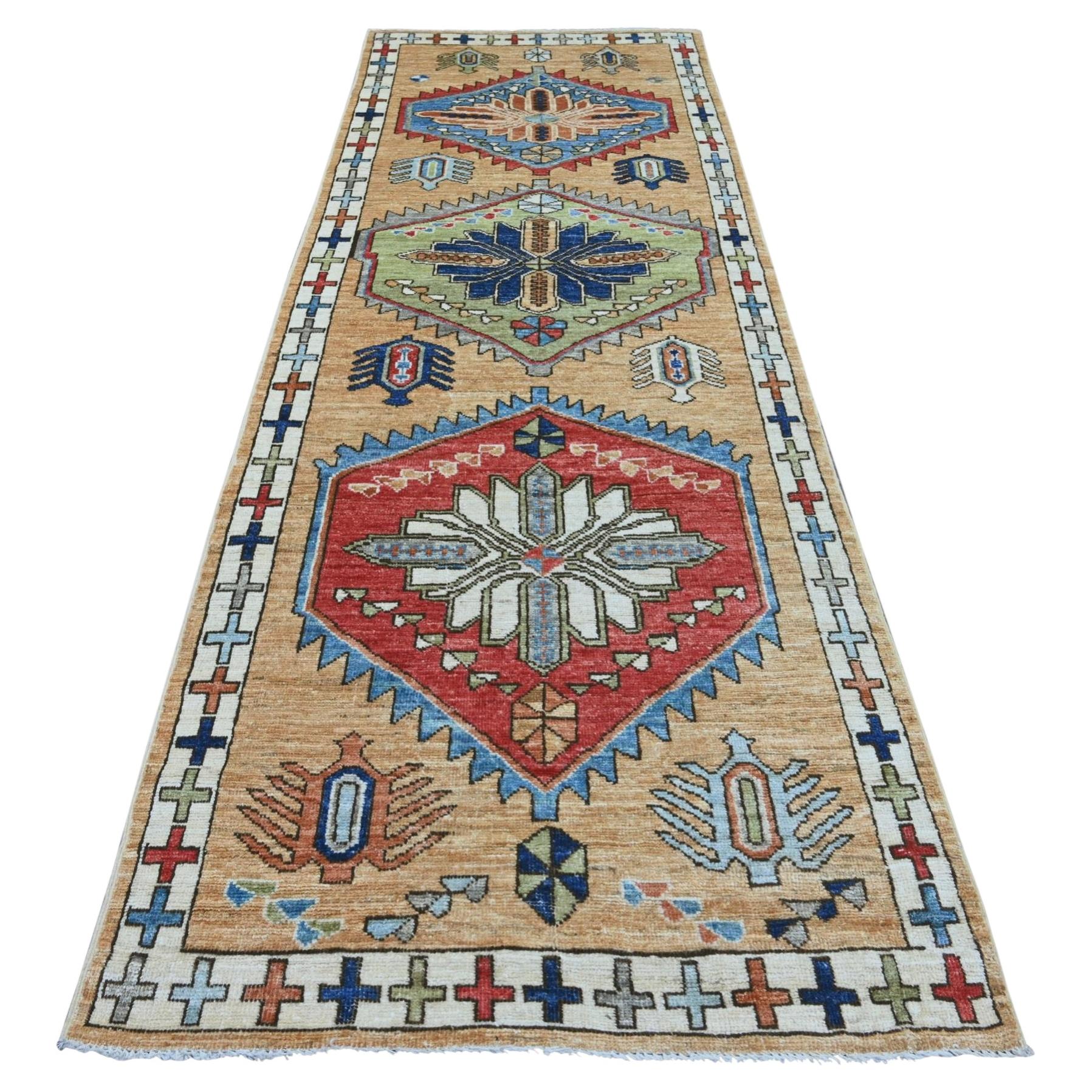 4'x11'6" Braun Anatolisches Dorf inspiriertes Design handgeknüpft Wolle Läufer Teppich