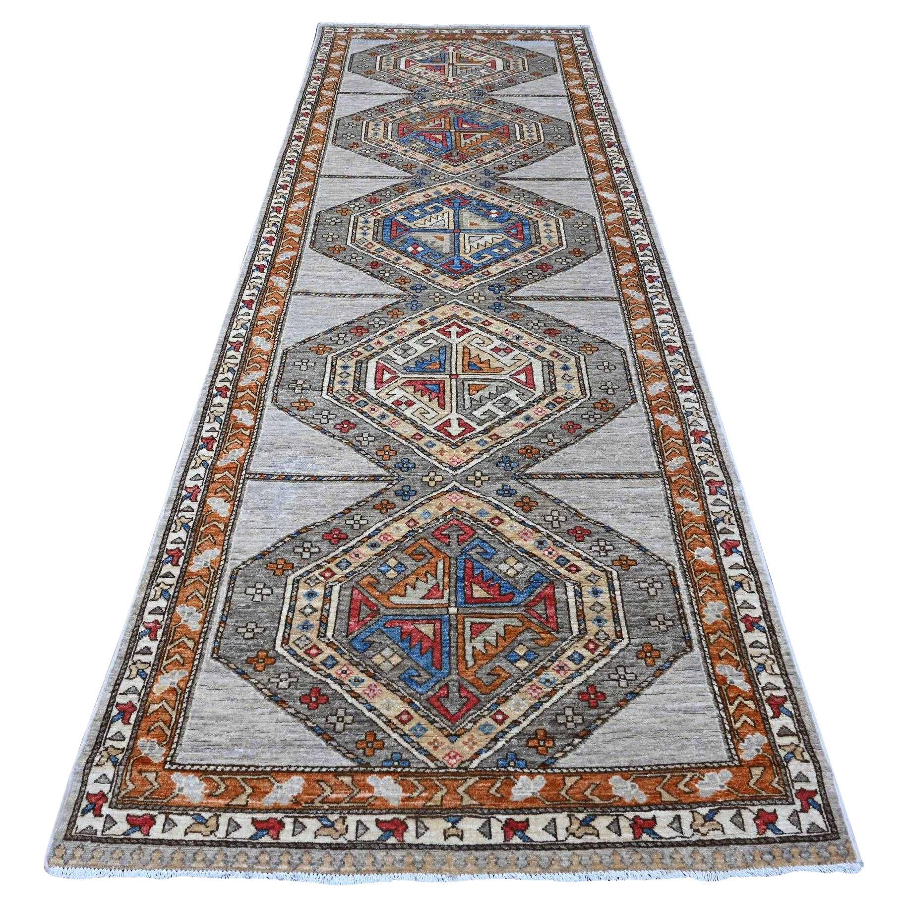 4'x11'6" Gray Aryana Afghan Vegetable Dyes Hand Knotted Wool Wide Runner Rug